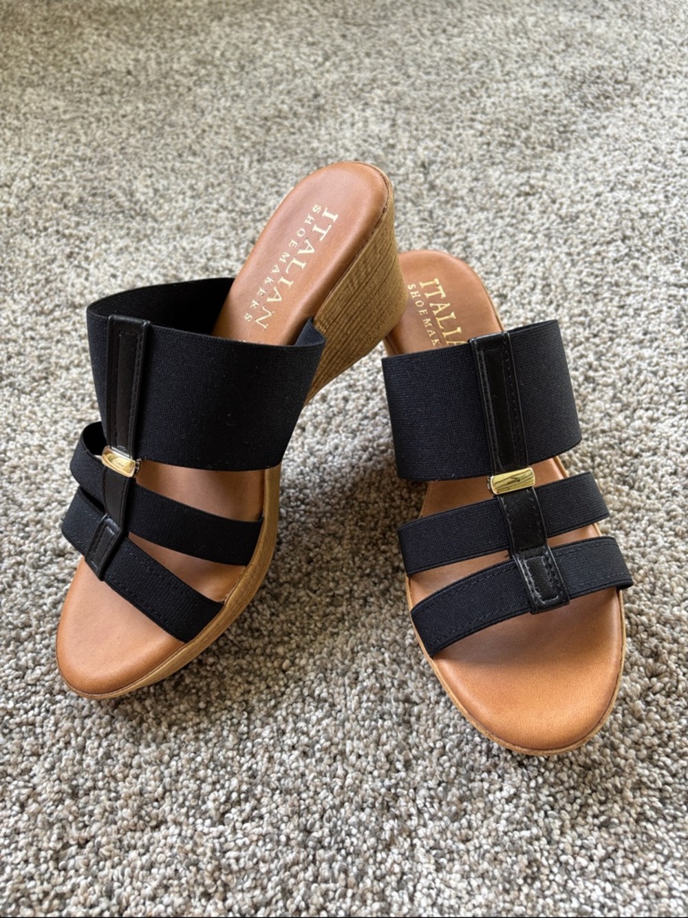 Italian Shoemakers Black Elastic Strap Wedge Mules with Tan Footbed